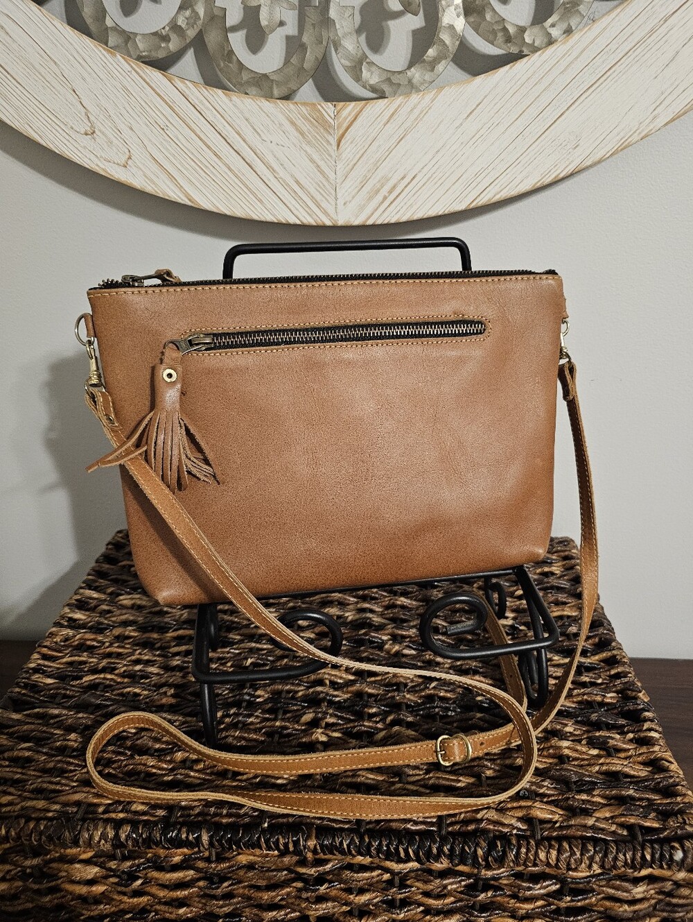 Stylish Tan Crossbody Bag with Red Embroidered Accent - Picture 2 of 8